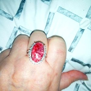Norwegian Thulite, White Zircon Halo ring